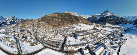 Drone view at the village of Engelberg on the Swiss alpsのeditorial素材
