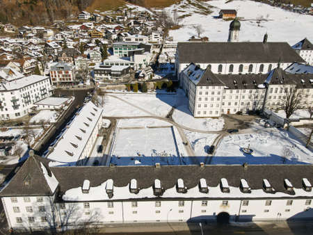 Drone view at the Benedictine convent of Engelberg on the Swiss alpsのeditorial素材