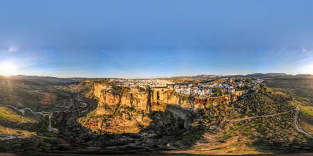 Drone view at the old bridge of Ronda on Andalusia in Spain