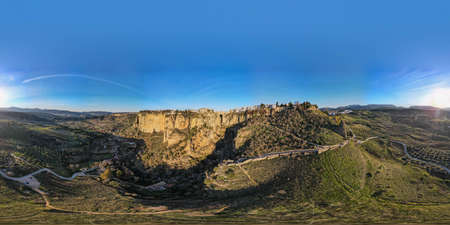 Drone view at the old bridge of Ronda on Andalusia in Spain