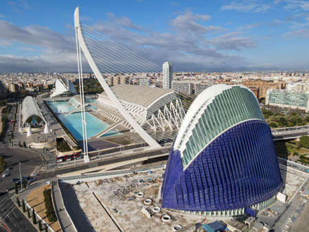 Drone view at the City of Arts and Sciences of architect Santiago Calatrava at Valencia on Spain