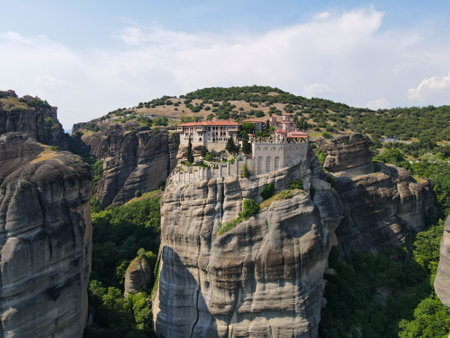 Drone view at the monastery at Meteore on Greece