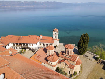 Drone view at the monastery of Saint Naum on Macedoniaの写真素材