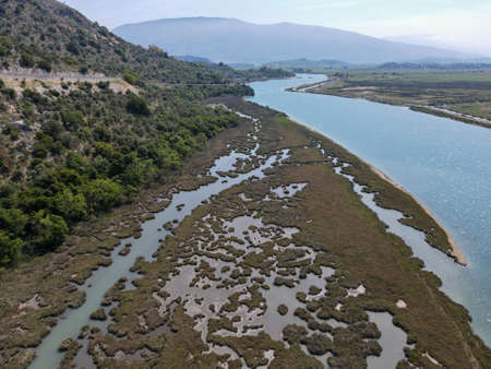 Drone view at Vivari channel at Butrinto on Albaniaの写真素材