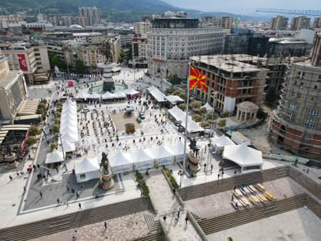 Drone view at the center of Skopje on Macedoniaのeditorial素材