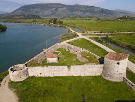 Drone view at the fortress of Butrinto on Albaniaのeditorial素材