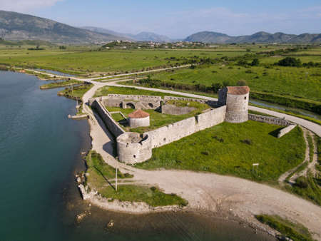 Drone view at the fortress of Butrinto on Albaniaのeditorial素材