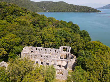 Drone view at the roman archaeological site of Butrinto on Albaniaのeditorial素材