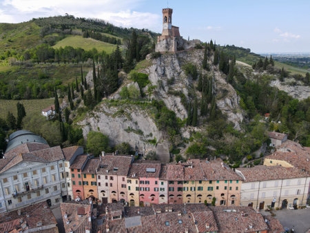 Drone view at the historical village of Brisighella on Italyのeditorial素材