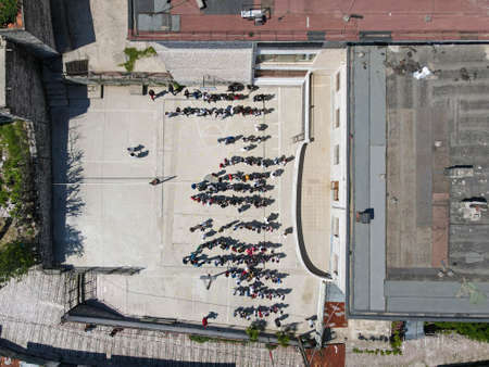Drone view at the school yard of Gjirokastra on Albania