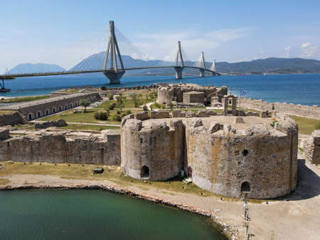 The suspended bridge and fort of Rio near Patras on Greece