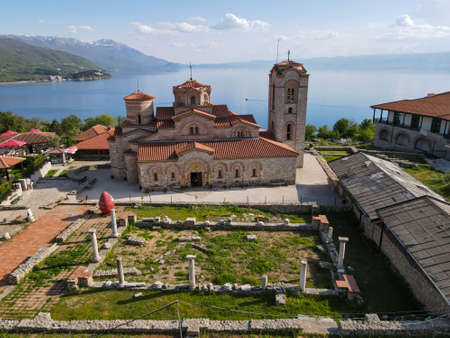 Drone view at Saint Clement monastery of Ohrid on Macedoniaの写真素材