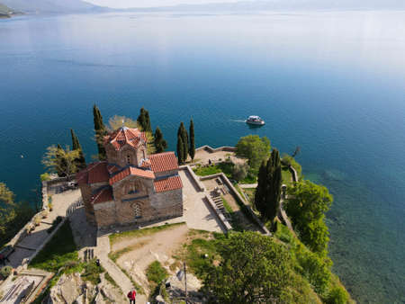 Drone view at the Church of Saint John on the Lake Ohrid on Macedonia