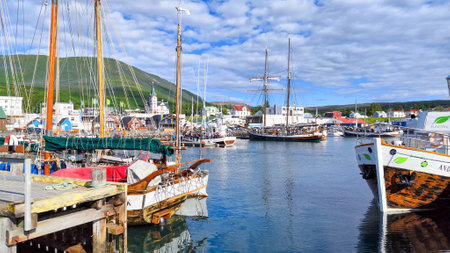 Husavik, Iceland - 13 july 2022: view at the port of Husavik on Icelandのeditorial素材