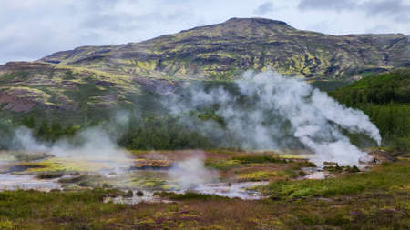 View at the geothermal field of Geysir on Icelandの写真素材
