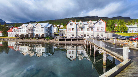 Faskrudsfjord, Iceland - 14 July 2022: traditional building at Faskrudsfjord on Icelandの写真素材