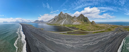Drone view at the sea near Hofn on Iceland