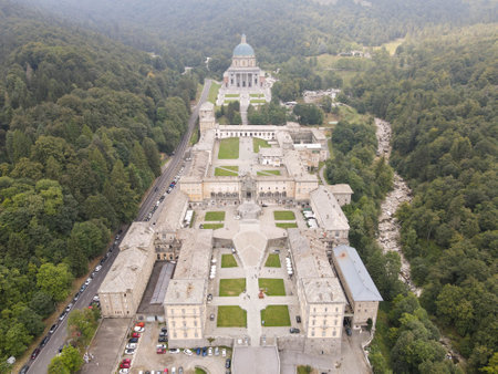 Drone view at the holy place of Oropa on Italyの写真素材