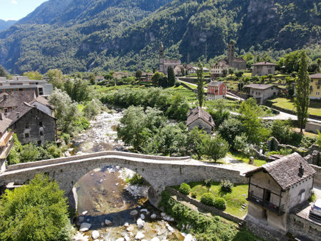 Drone view at the village of Giornico on the Swiss alpsの写真素材