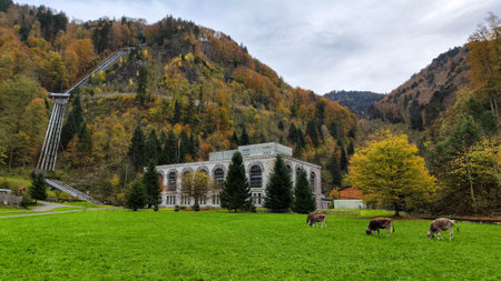 Cows graze in front of a hydroelectric station near Engelberg on the Swiss alps