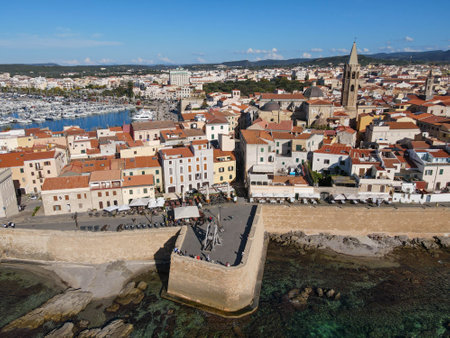 Drone view at the historical town of Alghero on Sardinia in Italy