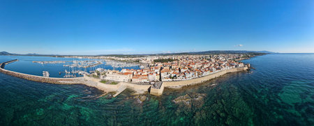 Drone view at the historical town of Alghero on Sardinia in Italyの写真素材