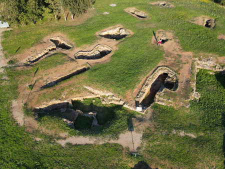 Drone view at the necropolis of Anghelu Ruju on Sardinia in Italyの写真素材