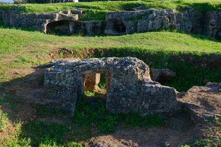 View at the necropolis of Anghelu Ruju on Sardinia in Italyの写真素材