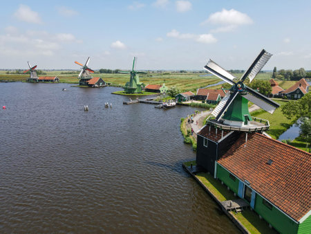Drone view at the Windmills of Zaanse Schans near Amsterdam on Hollandの写真素材