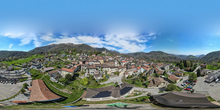 Drone view at the village of Miglieglia on Malcantone valley in the swiss alps