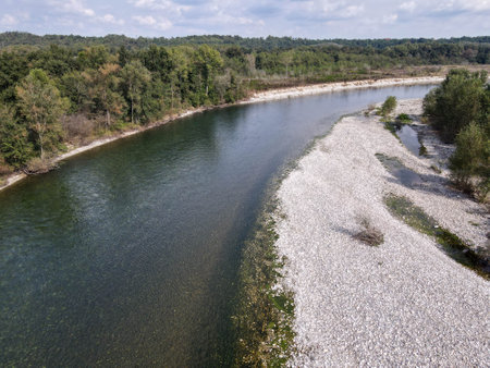 Drone view at river Ticino on Italyの写真素材