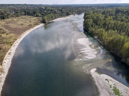 Drone view at river Ticino on Italyの写真素材