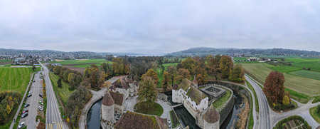 Drone view of Hallwyl castle at Seengen on Switzerlandの写真素材