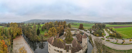 Drone view of Hallwyl castle at Seengen on Switzerlandの写真素材