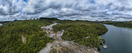 Drone view at Orakei Korako Geothermal Park on New Zealandの写真素材