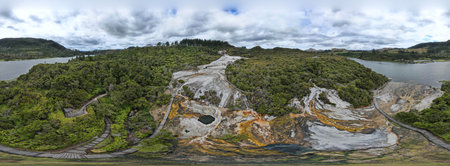 Drone view at Orakei Korako Geothermal Park on New Zealandの写真素材
