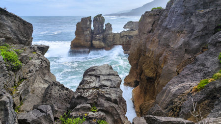 View at Pancake rocks on the coast of Punakaiki in New Zealand
