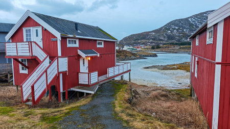 View of houses on Sommaroy island, Norway