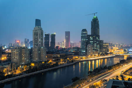 night view of building near the Tianjin Sea の写真素材