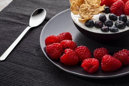 Healthy breakfast in bowl with yogurt and berries and cereals.の写真素材