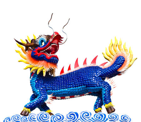 Chinese style blue dragon statue at roof temple isolate on white backgroundの写真素材