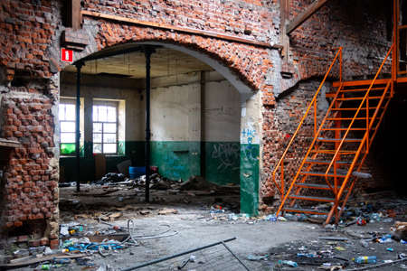 Interiors of abandoned industrial halls in Å»yrardÃ³w.の写真素材