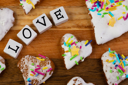 A composition of glazed gingerbreads in the shape of hearts and the word "Love" arranged on a wooden boardの写真素材