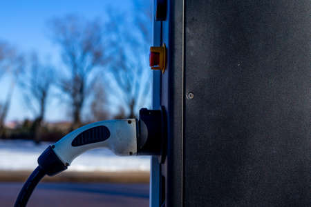 Street charging station for electric cars. Sharp daylight condition. Blurry backgroundの写真素材