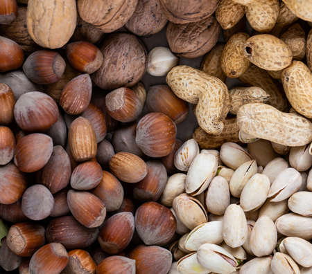 Pistachios, walnuts, hazelnuts, and peanuts in one bowl. Natural, soft lightの写真素材