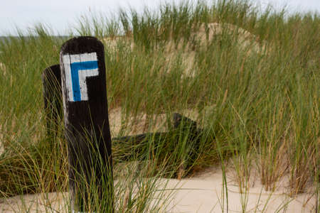 A wooden post with markings of the tourist trail. Photo taken in good lighting conditions on a cloudy dayの写真素材