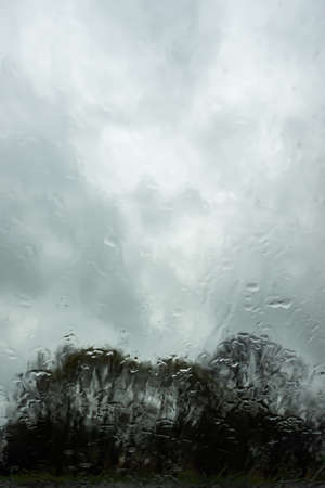 Drops of water dripping from the windshield in the rain. The blurred outlines of trees outside the...