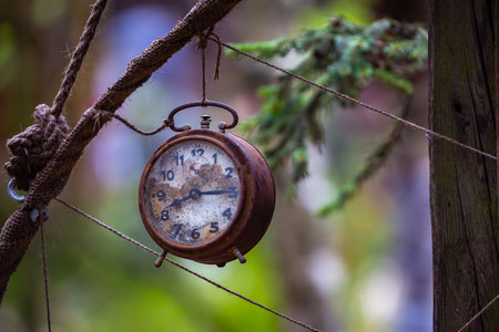 Old and rusty alarm clock hung in the garden as decoration. Photo taken in low light conditions. Blurred background.の写真素材