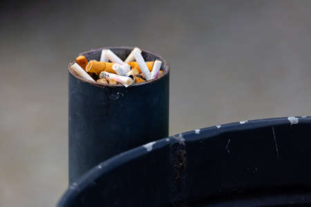 Lots of cigarette stubs crammed into the trash can post. The main subject stands out against a blurred backgroundの写真素材