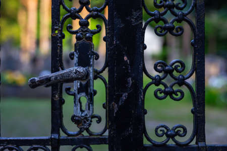 Steel handle of a forged steel gate the cemetery. Picture taken in a soft light, shaded place.の写真素材